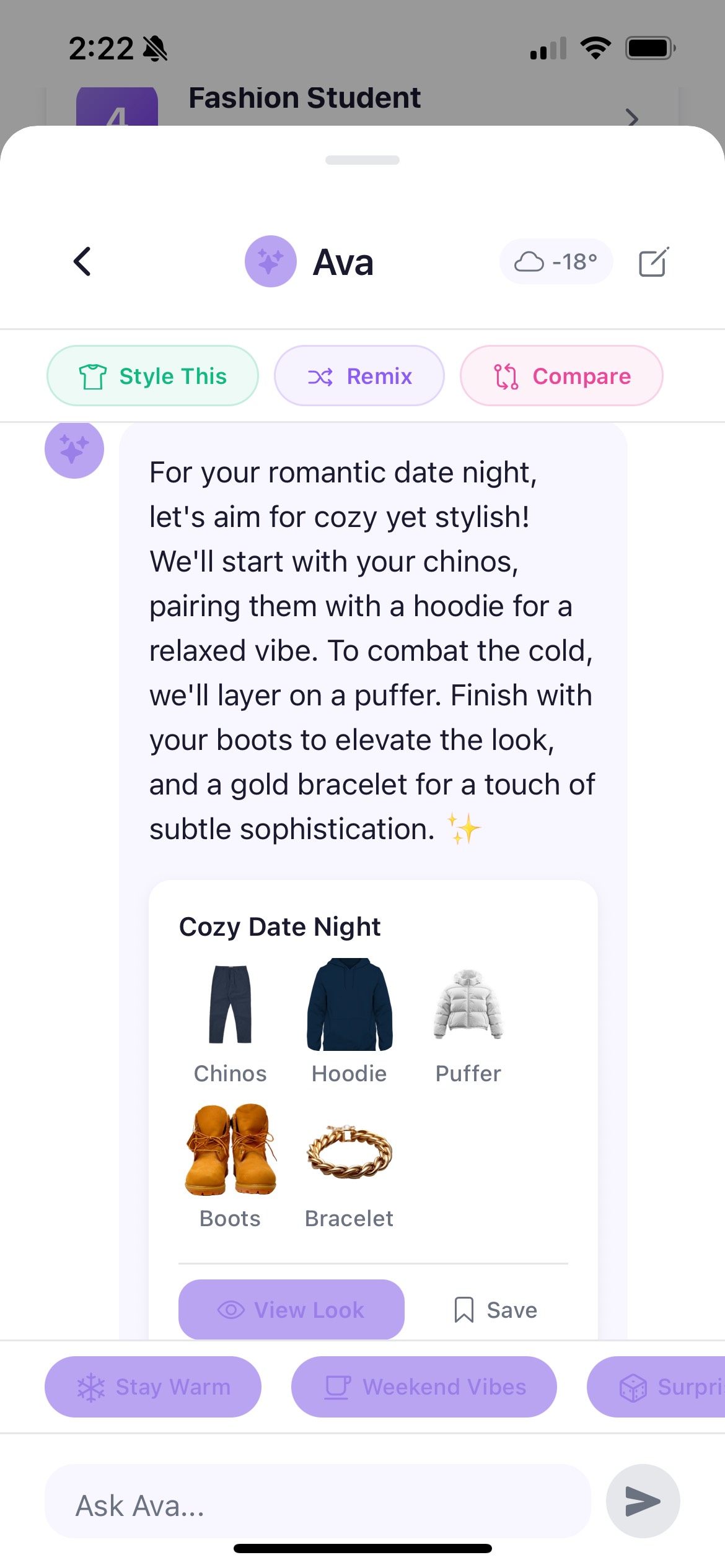 Ava AI stylist recommending a Cozy Date Night outfit with chinos, hoodie, puffer jacket, boots, and bracelet