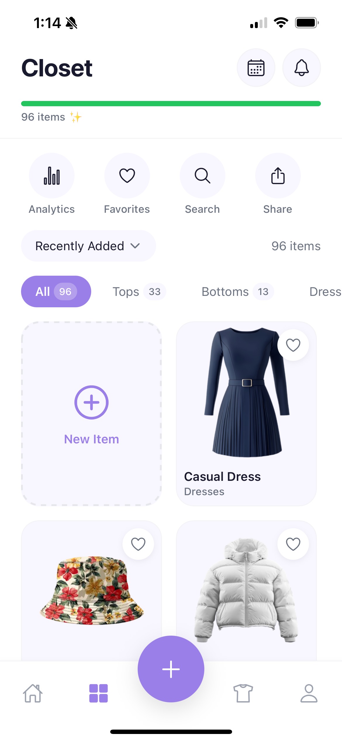 Digital closet view showing 96 organized wardrobe items with category filters for Tops, Bottoms, and Dresses