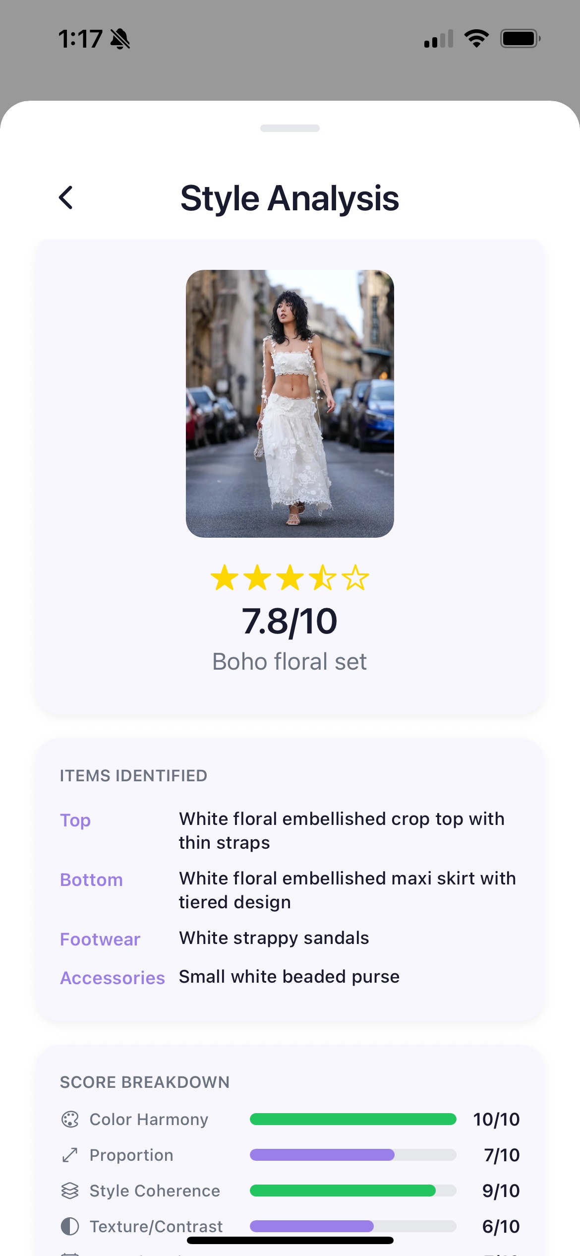 Style Analysis showing a 7.8 out of 10 score with breakdowns for Color Harmony, Proportion, Style Coherence, and Texture